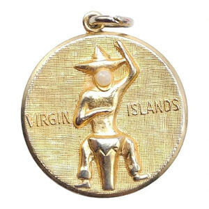 Virgin Islands Faux Pearl Souvenir Pendant Round Shape Gold Tone Vintage